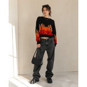 Cotton Emporium Women's Black and Orange Flame Pattern Knit Sweater